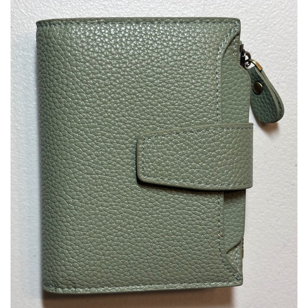 Bifold Wallet Women Small Sage Green Pebbled Faux Leather Snap Zipper NEW in box